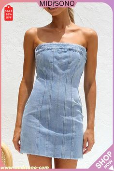 MidiSono - Sleeveless Backless Wrapped Bust Concealed Zip Denim Mini Dress Denim Tube Dress, Tube Dresses, Off Shoulder Fashion, Straight Neckline, Vestidos Vintage, Long Sleeve Short Dress, Denim Mini Dress, Faded Denim, Strapless Mini Dress