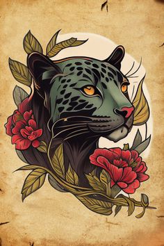 a black leopard with flowers on it's head