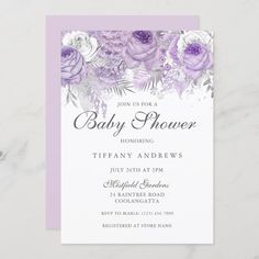 baby shower card with purple flowers and greenery