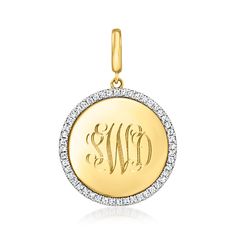 Ross-Simons - Name - Gabriel Designs 14kt Yellow Gold Circle Pendant, Diamond Accents. Elevate your daily dress with a personal touch! From Gabriel Designs, this 14kt yellow gold circle pendant shines with a diamond-accented border. FREE engraving of a name with up to eight characters in your choice of block or script type. Hinged bale fits up to a 3mm chain, sold separately. Gabriel Designs 14kt yellow gold personalized circle pendant. Diamond birthstones are the perfect gift for April birthday Yellow Gold Medallion With Pave Setting, Yellow Gold Medallion Jewelry With Pave Setting, Yellow Gold Jewelry With Pave Setting In Round Pendant, Yellow Gold Jewelry With Pave Setting Round Pendant, Gold Medallion Jewelry With Pave Setting, Gold Brilliant Cut Circle Jewelry, Gold Circle Jewelry With Brilliant Cut, Gold Jewelry With Brilliant Cut Circle, Gold Jewelry With Brilliant Cut