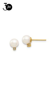 14k yellow gold children's 5-6mm white round freshwater cultured pearl diamond stud earrings. Measure approximately 1/4"L x 3/16"W and have push backings. Diamond Stud Earrings, Pearl Diamond, Diamond Stud, Diamond Earrings Studs, Diamond Studs, Fresh Water, Yellow Gold, Stud Earrings, Yellow