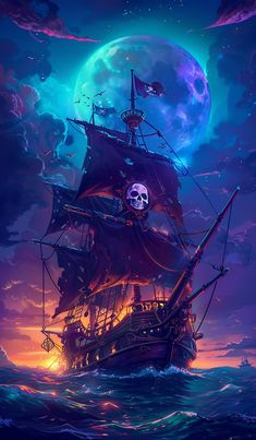 a pirate ship floating on top of the ocean under a full moon filled night sky