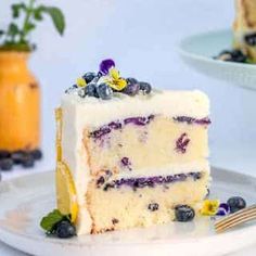 a slice of blueberry cake on a plate