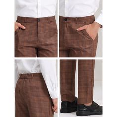 These classic plaid pants feature a regular-fit leg that accentuates your figure. There are a variety of plaid trousers in different colors since fashion is not monotonous. Suitable for work, business, workout, party, date, golf, or at home with family and friends. Plaid pants can be matched with T-shirts, shirts, suits, casual shoes, leather shoes, etc. Plaid Dress Pants Outfit Men, Brown Plaid Pants Outfit Men, Mens Formal Plaid Pants, Mens Plaid Dress Pants, Mens Plaid Pants Brown, 70s Mens Plaid Pants, Plaid Dress Pants, Plaid Trousers, Checked Trousers