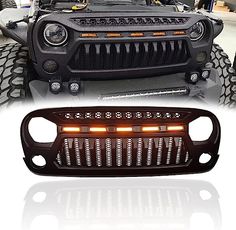 an image of a jeep front grill with lights and grille guard on the front bumper