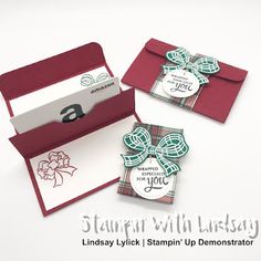 two cards with bows on them sitting next to each other and the words stampin'with