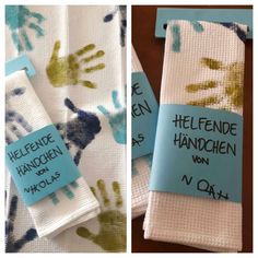 two pictures of handprints on towels with blue tags attached to them