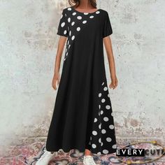 Polka Dot Short Sleeve Beach Dress, Short Sleeve Polka Dot Maxi Dress For Beach, Casual Polka Dot Short Sleeve Maxi Dress, Casual Polka Dot Maxi Dress With Short Sleeves, Polka Dot Long Dress, Loose Long Dress, Polka Dot Maxi Dress, Long Dress Plus Size, Plus Size Tunic