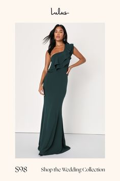 A chic-meets-elegant look is easy to achieve in the Lulus Grand Beauty Emerald Ruffled One-Shoulder Mermaid Maxi Dress! Stretchy, medium-weight crepe knit shapes this stylish gown with a tiered, ruffled one-shoulder sleeve that creates an asymmetrical neckline then carries into the darted bodice. High, fitted waist flows into a figure-flaunting maxi skirt finished with a flaring, mermaid hem. Hidden side zipper/clasp. Fit: This garment fits true to size. Length: Floor length. Size medium measures 62.5" from shoulder to hem. Bust: Great for any cup size. Waist: Fitted - very fitted at natural waist. Hip: Fitted - stretchy fabric allows room for hips. Undergarments: May be worn with a strapless bra, adhesive bra, petals, or no bra. Fabric: Fabric has some stretch. Extra-long hem length allow Formal Ruffled Mermaid Hem Maxi Dress, Chic Fishtail Evening Dress For Gala, Elegant Green Mermaid Maxi Dress, Elegant Bridesmaid Maxi Dress With Mermaid Hem, Elegant Off-shoulder Fitted Mermaid Dress, Green Fishtail Maxi Dress For Evening, Elegant Green Mermaid Bridesmaid Dress, Elegant Green Bridesmaid Mermaid Dress, Elegant Fitted One Shoulder Dress With Ruffles