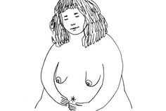 a black and white drawing of a woman with long hair holding her hands on her chest