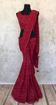 Saree Disclaimer: The actual product may vary slightly from the image. These are custom orders, hence expect slight variation in color, placement of the motif or buta. ESTIMATED DELIVERYBecause this is a custom order, it would take about 4 weeks from the date of purchase. RETURN POLICYThis product is a custom order and cannot be returned or exchanged. Lucknowi Saree, Fashion Journals, Traditional Fabric, Indian Style, Elevate Your Look, Indian Sarees, Blouse Dress, Indian Fashion, Lehenga