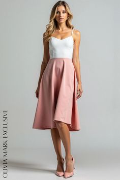 Olivia Mark - Elegant Blush and White Midi Dress with Flared Skirt Feminine A-line Dress With Lined Skirt, Fitted Pink Midi Dress, Chic Pink Dress With Lined Skirt, Chic Pink Dress With Flared Skirt, Elegant Pink Dress With Lined Skirt, Feminine Brunch Dress With Lined Skirt, Feminine Midi Dress For Brunch, White Lined Midi Dress, Sleeveless Pink Dress With Lined Skirt