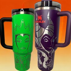 two travel mugs one with an image of the same character on it, both are green and purple