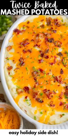 an image of a baked mashed potato dish with bacon and cheddar cheese