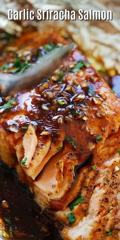 grilled salmon with garlic and brown sauce