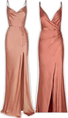 two dresses, one in pink and the other in peach with an asymmetrical neckline