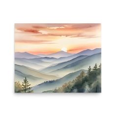 a watercolor painting of mountains and trees with the sun setting in the sky behind them