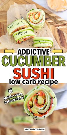 Best Keto Sushi Recipe! Quick Keto Appetizers. Keto Cucumber, Cucumber Snack, Cucumber Sushi Rolls, Healthy Potluck, Low Carb Appetizer, Copycat Food