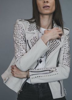 Rock Style Clothing, Cute Blazers, Studded Leather Jacket, White Leather Jacket, Nashville Style, Cowgirl Outfits, Light Background, Leather Outfit, Studded Leather