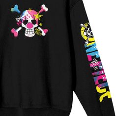 Revitalize your wardrobe with this black One Piece Live Action crew neck long sleeve sweatshirt. Featuring a vibrant sketch of the Straw Hat Crew's iconic skull and crossbones logo, colored with playful pink, yellow, and blue lines, it's a stylish homage to your favorite series. The series logo in matching colors on the left sleeve adds an extra touch of authenticity. Crafted from a blend of 50% cotton and 50% polyester, this officially licensed sweatshirt offers comfort and durability. Machine Straw Hat Crew, One Piece Live Action, Blue Lines, Matching Colors, Black One Piece, Skull And Crossbones, Blue Line, Straw Hat, Live Action