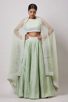 Mint green lehenga featuring butta hand embroidered waistband. Paired with an embroidered blouse and a sheer dupatta. - Aza Fashions Mint Green Lehenga, Cape Lehenga, Sheer Dupatta, Kurta Lehenga, Lehenga Pattern, Green Lehenga, Lehenga Skirt, Embroidered Lehenga, Luxury Sale