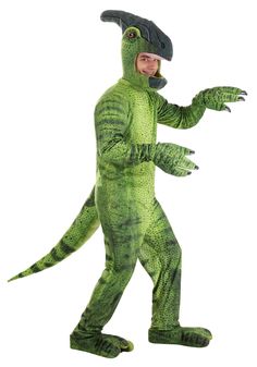 a man in a green dinosaur costume is standing with his hands out to the side