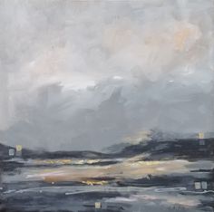 an abstract painting with grey, yellow and white colors on the water's surface