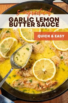 a skillet filled with garlic lemon butter sauce