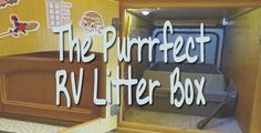 the purfect rv litter box is open and has stickers on it