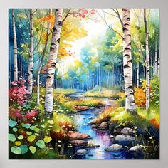 a painting of trees and water in the woods