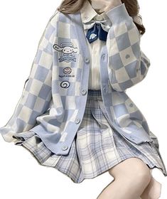 Checker Cardigan, Sanrio Mascot, Aesthetic Sanrio, Girls Uniforms, Patterned Cardigans, Blue Cardigan, Knitted Top, Printed Cardigan, Girls Sweaters