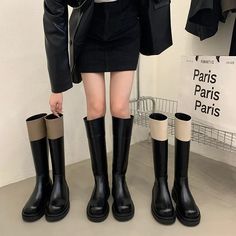 Minna Two Tone Knee-High Riders Boots Black Polyurethane Platform Boots For Fall, Black Knee-high Boots With Round Toe For Winter, Winter Knee-high Polyurethane Boots, Knee-high Polyurethane Winter Boots, Knee-high Polyurethane Boots For Winter, Casual Black Polyurethane Boots, Trendy Winter Knee-high Polyurethane Boots, Trendy Black Knee-high Boots, Trendy Knee-high Polyurethane Boots For Winter