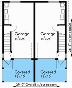 the floor plan for a two story house with garages and covered porches on each side