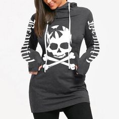 Graphic Long Sleeve Skull Print Hoodies – AcaciaFashion Racing Outfit, Hooded Dress, Women Hoodies Sweatshirts, Skull Print, Tops For Women, Casual Sweatshirt, Women's Casual, Outerwear Women