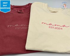 Embroidered Mama Est Shirt, Personalized Mom T-Shirt, Minimalist Momma Shirt, Chirstmas Gift Tee for Mom, Mother's Day ✨ How to Place Your Order: 1. Review all photos 2. Choose Size and Color from drop-down menu 3. Add each shirt to cart one at a time 4. Click "Add to Cart" you can go back to add more products 5. Click "Proceed to Checkout" 6. Add note to seller for any requests 📩 Personalization (For Custom Orders): Use the personalization box to specify your details with your unique requests. 📦 Production and Shipping Time: Production Time: Each item is made to order. Processing time is next day. Shipping Time: After production, your order will be shipped. Delivery times may vary depending on your location. First Class Shipping is 2-5 business days (after processing time). If you need Cheap Embroidered Graphics Top For Mother's Day, Momma Shirts, Chirstmas Gift, Mama T Shirt, Mama Shirts, Embroidered Clothes, Custom Orders, Comfort Colors, Bathing Beauties