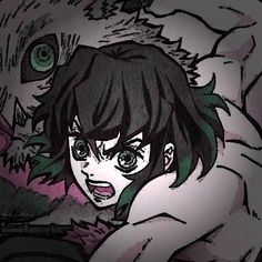 a drawing of a girl with black hair and green eyes in front of a monster