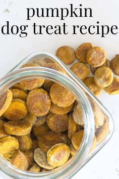 pumpkin dog treat recipe in a glass bowl with the title above it and below image