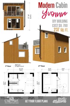 the floor plan for a small cabin with lofts and living quarters, including an upstairs bedroom