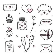 valentine's day doodles with hearts, love messages and other things to draw