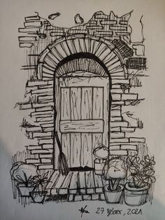 a drawing of an old door and potted plants