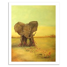 an elephant standing in the middle of a field with red flowers on it's trunk