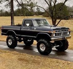 a black pickup truck parked on the side of a road next to a tree and grass covered field