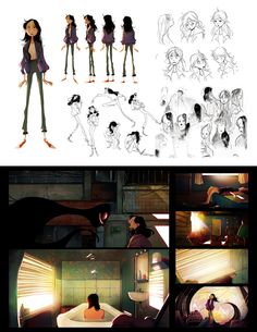 the concept art for an animated movie is shown in several different poses, including animation characters and