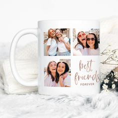 two girls are smiling and hugging while holding their mugs