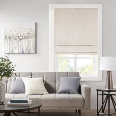 a living room filled with furniture and a window covered in roman blind shades on the windowsill