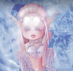 a digital painting of a woman with pink hair and pearls on her head, in front of a blue background