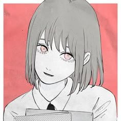 a drawing of a girl with short hair and red eyes holding a computer keyboard in front of her face