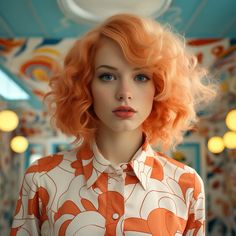 a woman with bright orange hair wearing an orange and white shirt in a brightly lit room