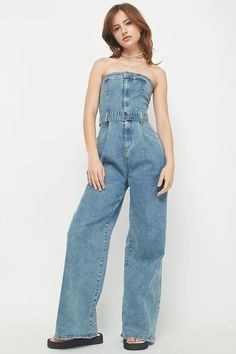 Wide Leg Denim Tube Jumpsuit – Bliss & Belle Boutique Denim Tube Top, Ombre Cardigan, Tube Jumpsuit, Cozy Scarf, Get Yours Now, Denim Midi Skirt, Ribbed Dresses, Wide Leg Denim, Denim Jumpsuit