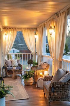 the porch is decorated with wicker furniture and white drapes on the windowsill